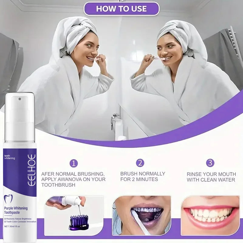 Purple whitening toothpaste, deep cleaning, stain removal, fresh breathing, daily household essential oral care, 30ml