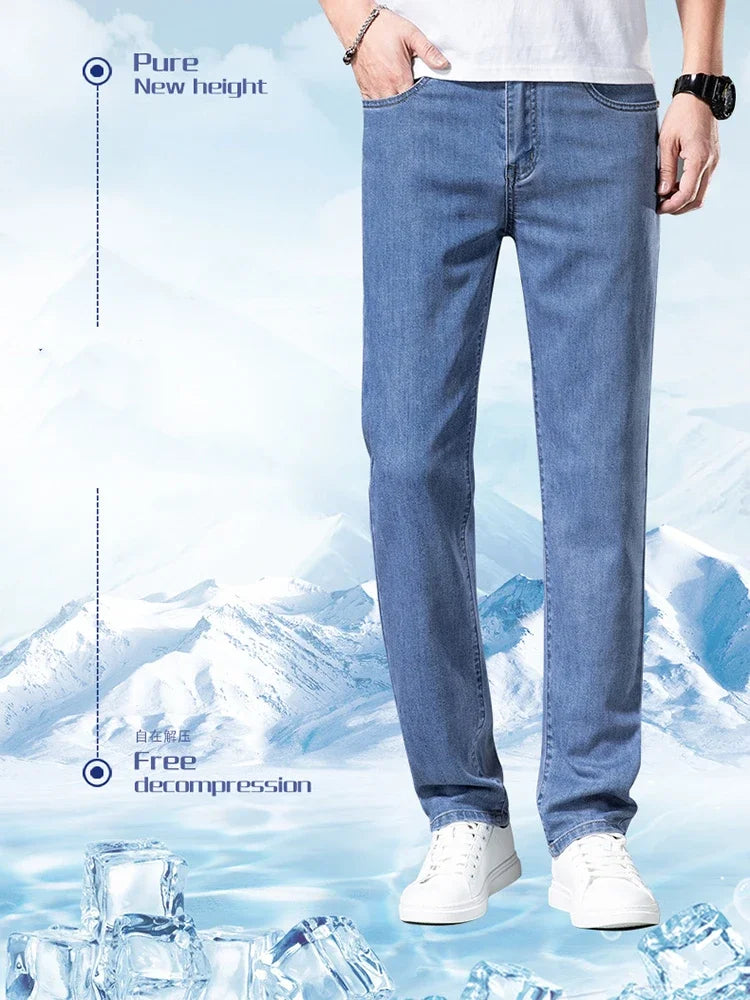 2026 Stretch Men's Fitted Straight Jeans Korean Youthful Vitality Spring Summer Thin Breathable Cotton  Lightweight Trousers
