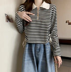 Women's Autumn Polo Shirt 2026 Striped Long Sleeve Drawstring Teddy Bear Collar Slimming T-Shirt