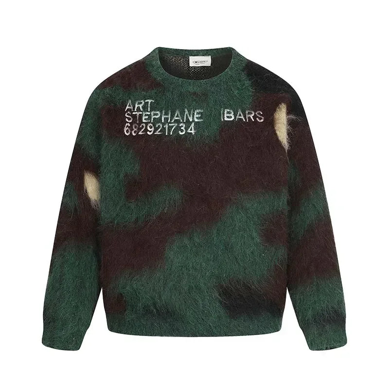 Men's Brand Loose Casual Knitted Sweater American Letter Contrasting Color Seahorse Hair Crew Neck Long Sleeve Sweater Trendy