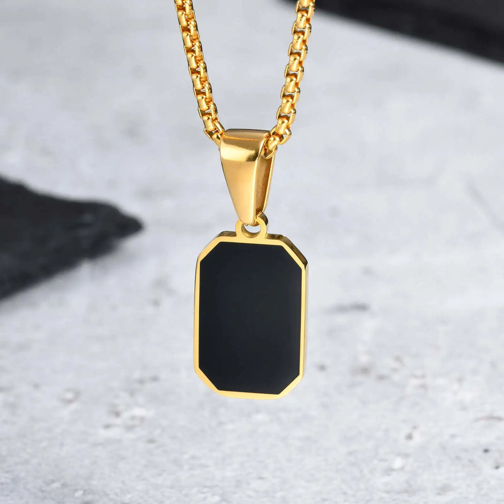 Stylish Men's Black Enamel Necklace,Stainless Steel Geometric Square Small Dogtags Necklace,Anniversary Birthday Father Gift