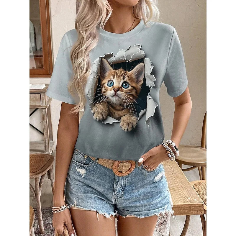 Funny 3D Cartoon Cat Print Women's T-Shirts Casual O-neck Short Sleeve Top Fashion Female Clothing Summer Girl Blouse Loose Tees