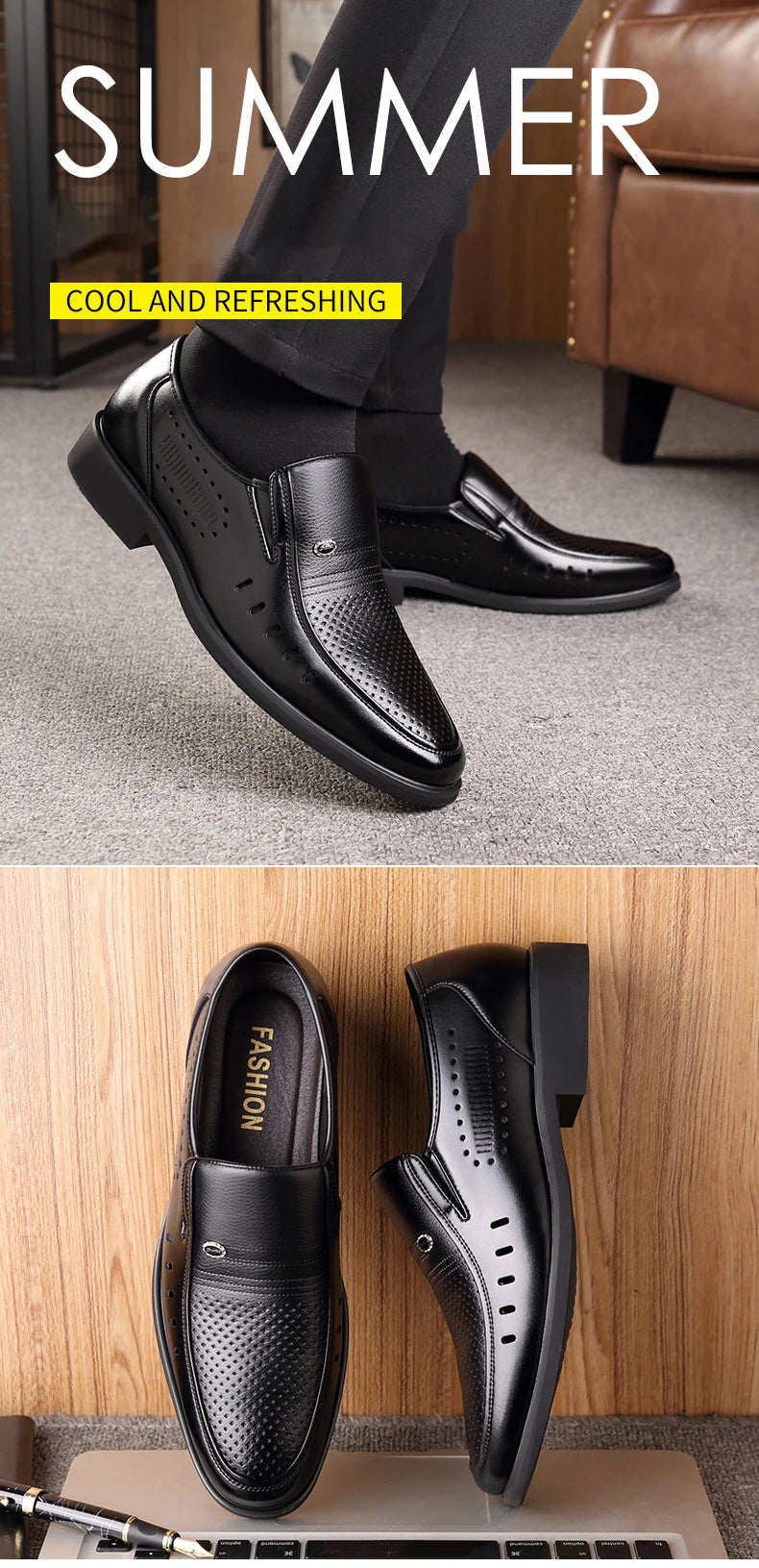 Men's Breathable Hollow Out Elevator Dress Leather Shoes Spring Summer 6cm Height Increase Business Slip-On Formal Office Shoes