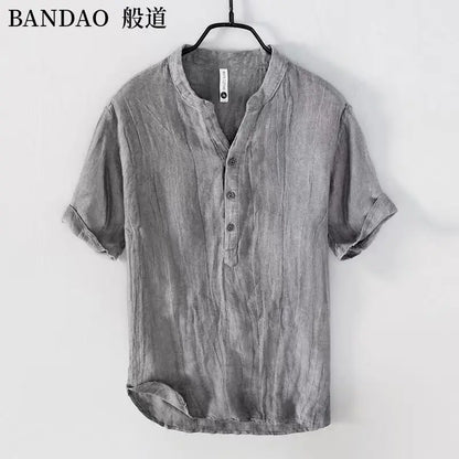 Chinese Style Spring and Summer Loose High-end Men's Linen Short-sleeved Cotton Linen Casual Breathable Shirt Collar T-shirt