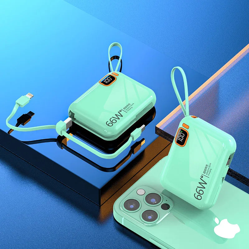 66W 10000/20000mAh Power Bank for IPhone Huawei and Samsung Mobile Phones Built-in Cable PD Two-way Power Bank