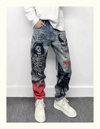 Men's Retro American Street Hip Hop Flame Skull Print Jeans Man High Street Motorcycle Denim Long Pants Baggy Jeans Men Techwear