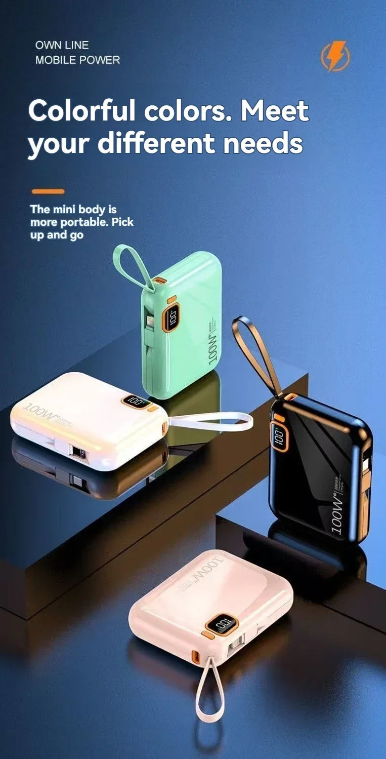 Portable Mini Power Bank, 66W, 20000mAh, Built-in Cable, PD20, Super Fast Charging, Compact, New