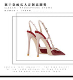 New Sexy Wine Red European and American High Heels for Women Slim Heels Pointed Toes, Shallow Mouth, Riveted Single Shoe Sandals