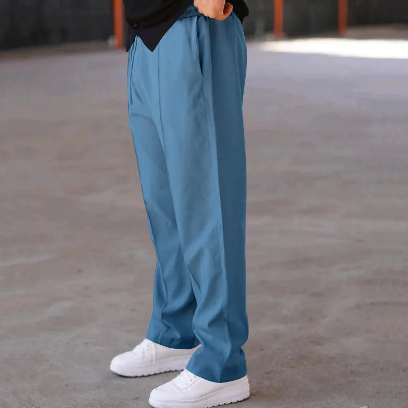 Men Casual LooseStraight Leg Dress Pants Elastic Drawstring Waist Front Seam Plain Wide Leg Trousers Daily Street Vacation Relax