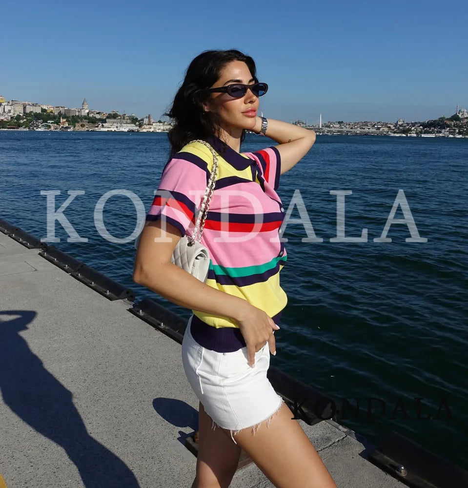 KONDALA Trendy Contrasting Colors Striped Tops Women Casual High Street Polo Shirts 2026 Summer Fashion Holiday Chic Knitted Top