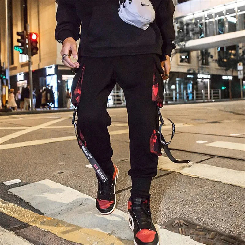 Y2K Joggers Cargo Pants For Men Casual Hip Hop Pocket Male Trousers Sweatpants Street Ribbons Techwear White Pant Pantalon Homme