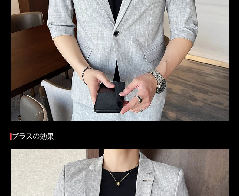 Men's Summer New Slim Fit 3/4 Sleeve Blazer Set Thin Seven-Point Sleeve Suit Outfit Casual Business Two-Piece Set