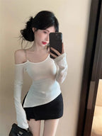 Pure And Elegant Irregular-necked Off-the-shoulder Tight T-shirt For Women