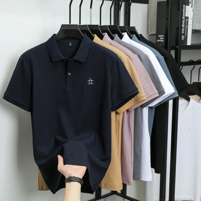 100% pure cotton summer new men's short sleeved polo shirt design high-end brand penguin embroidery business comfortable T-shirt