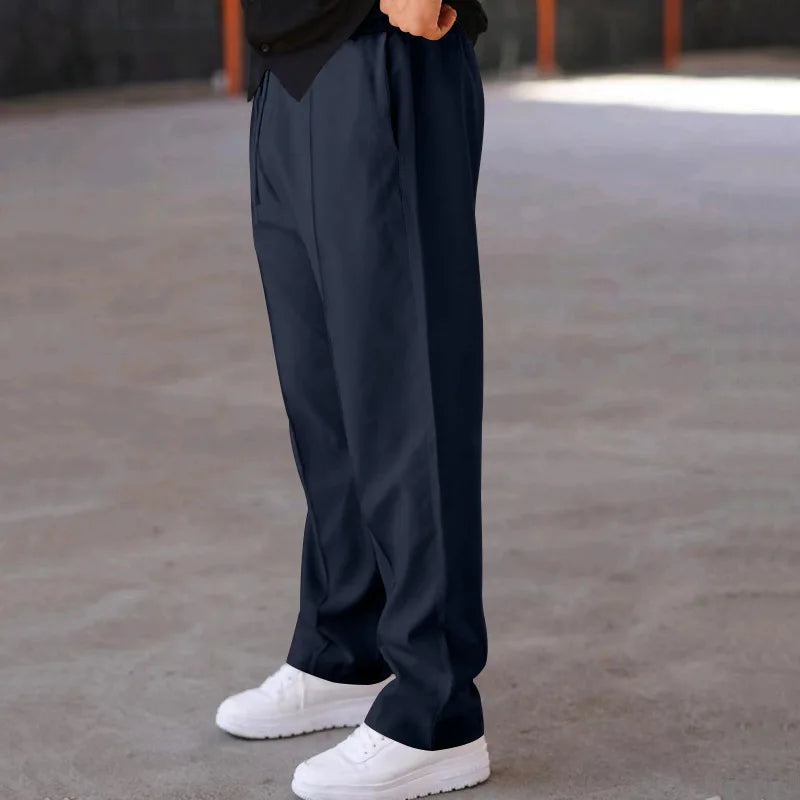 Men Casual LooseStraight Leg Dress Pants Elastic Drawstring Waist Front Seam Plain Wide Leg Trousers Daily Street Vacation Relax