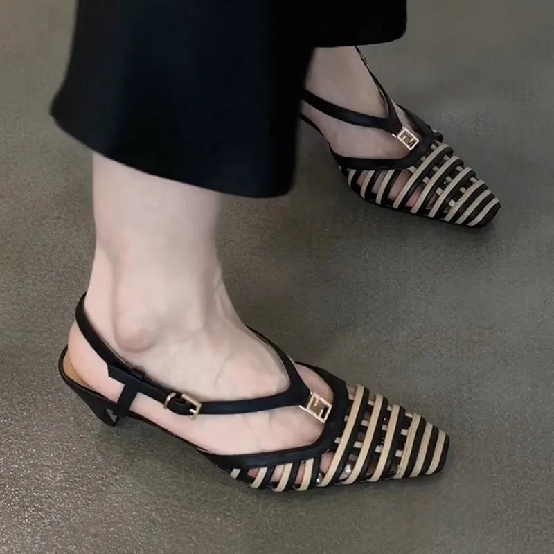 Hlieny Fashion Hollow Out Metal Buckle Woman's Pumps Summer Square Toe Slingback Shoes Low Thin Heels Mules Sandals Women Brown