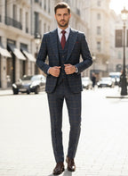 High Quality 3 Piece Checkered Suit Set Dark Blue Stylish Business Office Wedding Formal Outfit Elegant Full Man Dinner Suit