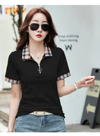 New Women Summer Cotton Polo T-shirt Fashion Button Plaid Turn-down Collar Short Sleeve Slim T-shirt Simplicity Casual Tees Tops