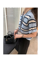 Striped POLO Neck Ice Silk Short Sleeved Women's Summer Thin Fashion Loose Lapel Knit Top