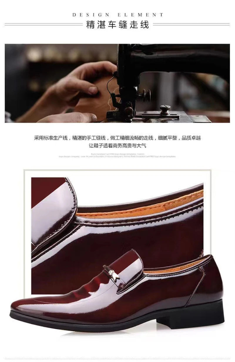 Mens Formal Wine Red Patent Leather Loafers Pointed Toe Slip On Shoes Hollow Out Non SlipBreathable Design Metal Buckle Decor