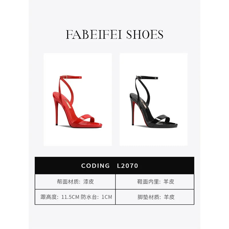 2026 new black patent leather rhinestone open toe sandals with slim heels and a straight ribbon for parties,high heels for women