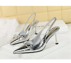 Korean Style Pointed Toe High Heels Shallow Mouth Hollow Bow Back Trip Strap Women's Shoes Thin Heels Back Empty Shoes Women