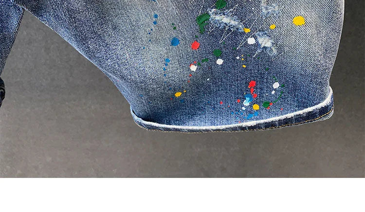 2025 Summer New Fashion Trend Printed Ripped Straight Stretch Jeans Men's Casual Loose Sports High Quality Denim Shorts 28-36