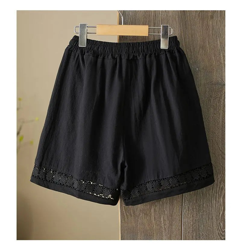 Women's Summer Retro Hollow Lace Trim Linen Shorts Elastic Drawstring Waist Casual Commute Wide Leg Pants