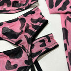 5Pcs Leopard Lingerie Set With Garter Belt Stockings Gloves Mesh Bra and Panty Set Strappy Underwear Erotic Costume For Women