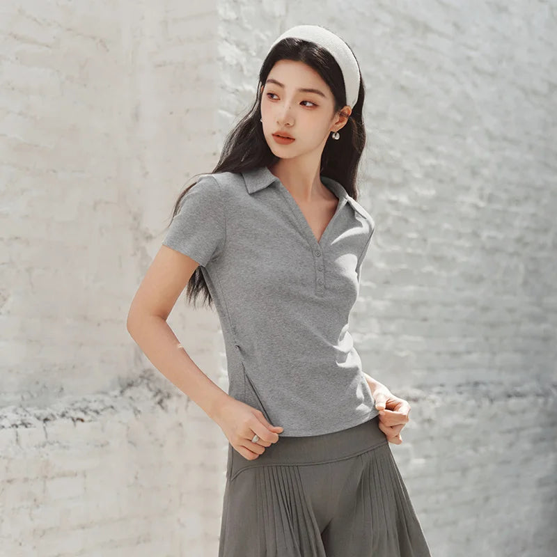 Semir Women Polo Shirt Short Length Ruched Slim Fit Standard Shoulder Cool Feeling 2026 Summer Temperament Versatile Fashion Top