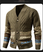 Men's Cable Knit Fair Isle Geometric Striped Cardigan V Neck Button Front Pocket Long Sleeve Sweater Autumn Winter Casual