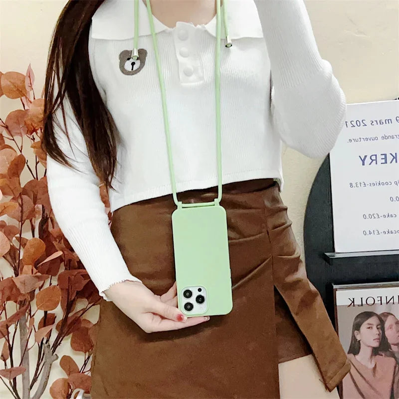 Crossbody Strap Lanyard Silicone Phone Case For iPhone 16 15 14 13 12 Mini 11 Pro Max Plus Candy Color Soft TPU Back Cover