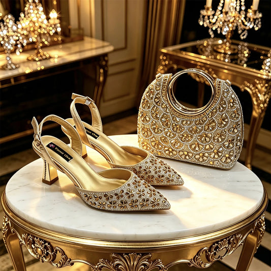 New Italian Pumps and Bag To Party 2026 INS Style Pointed Metalldekoration Rhinestone Elegant Gold Color High Heels for Women