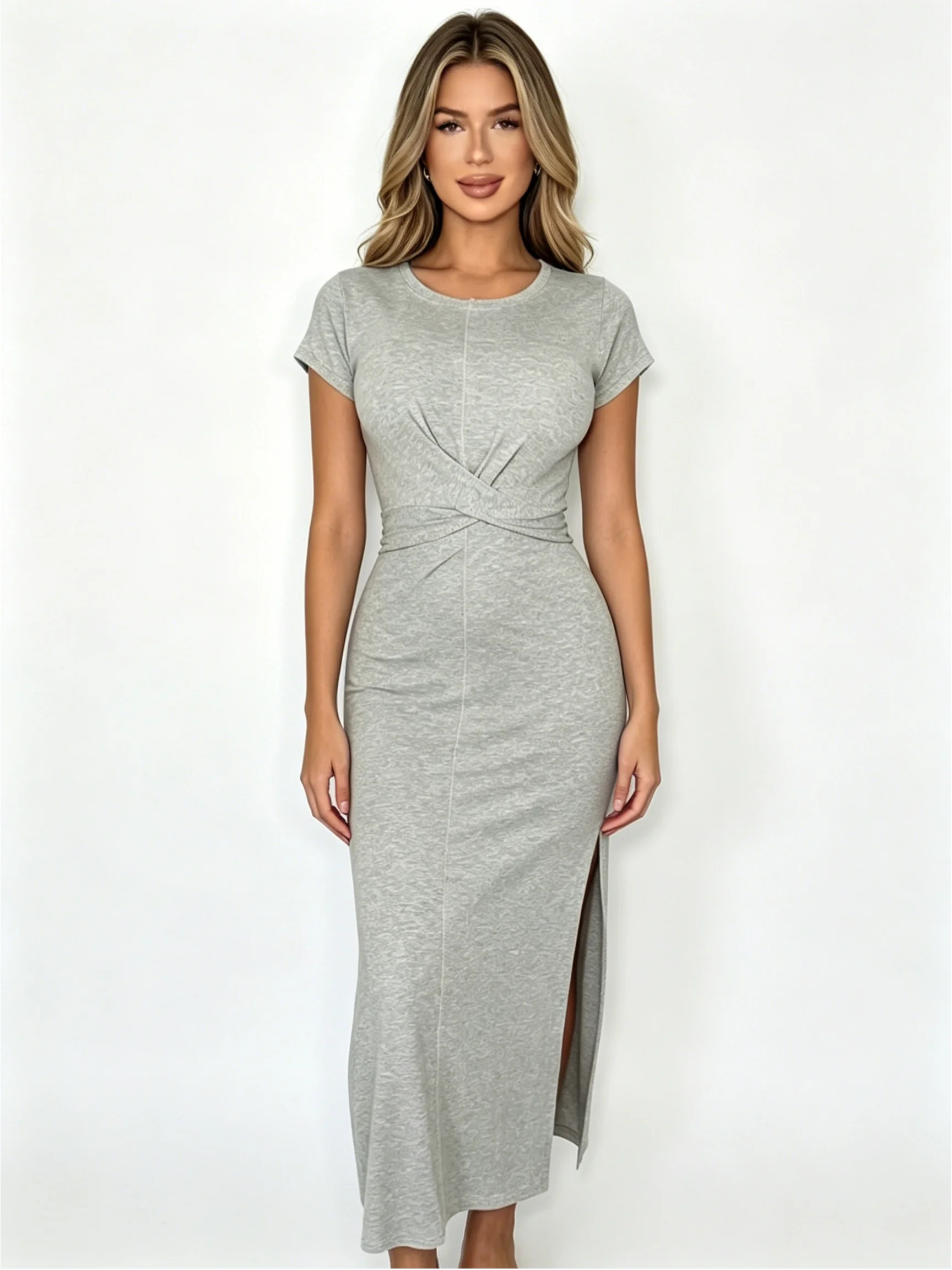 Women Round neck Chest Crossed Waist short sleeve Side split medium-length dress Homecoming Valentine's Day Elegant