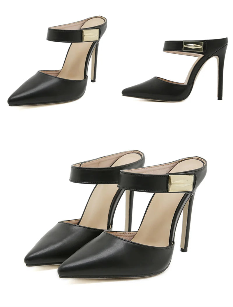 Liyke Fashion Design Metal Decoration Strap Women Pumps Slippers Cozy Leather Pointed Toe Black High Heels Shoes Stiletto Sandal