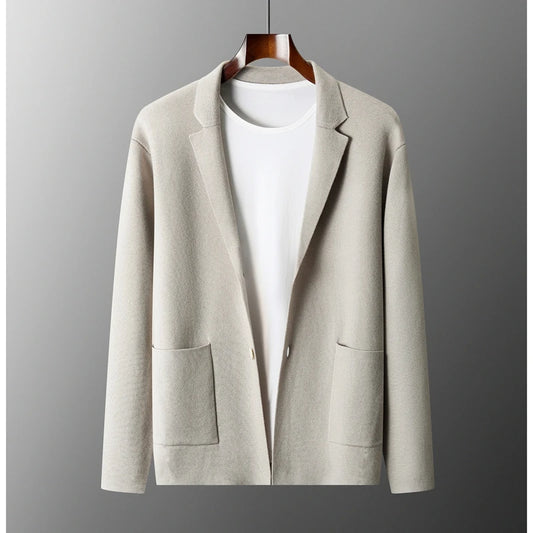 100% Pure Wool Cardigan Men's Spring And Autumn High-End Outerwear Sweater Casual Small Suit Jacket Olive Collar Sweater