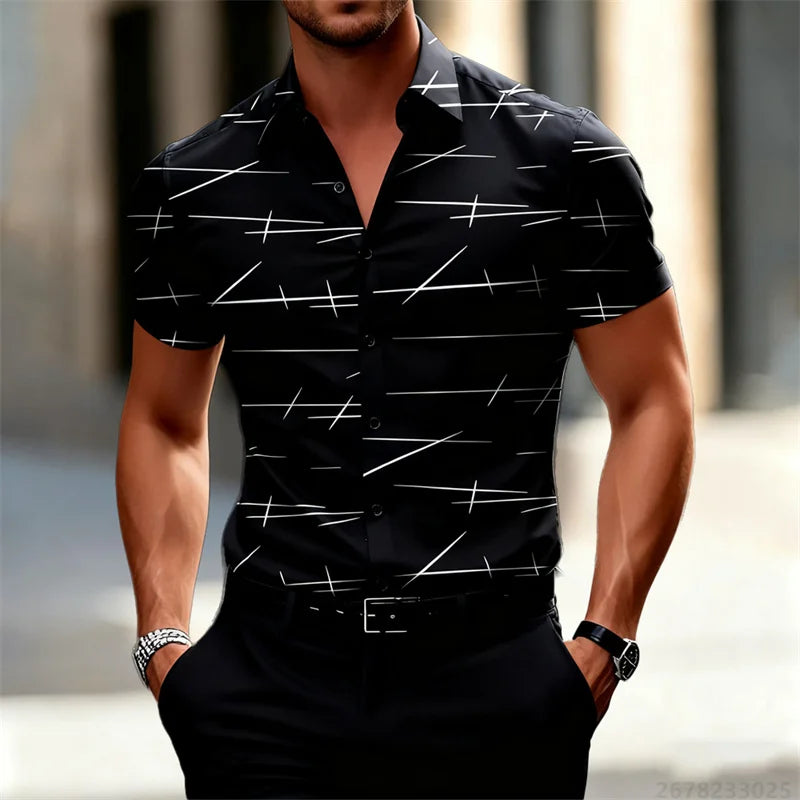18 colors new men's fashion geometric line print short-sleeved shirt Urban casual style slim lapel shirt comfortable fabric