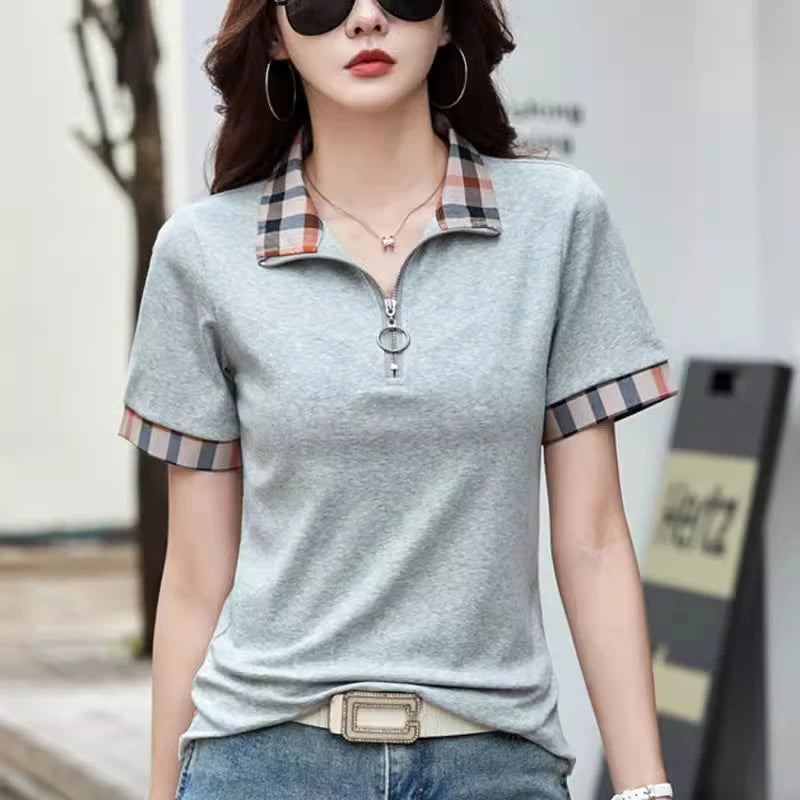 New Women Summer Cotton Polo T-shirt Fashion Button Plaid Turn-down Collar Short Sleeve Slim T-shirt Simplicity Casual Tees Tops