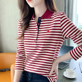 Korean Slimming Polo T-Shirt Women 95% Cotton Loose Fit Long Sleeve Streetwear for Autumn Winter Casual Outfits
