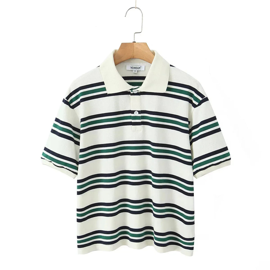 Summer Ladies Polo Shirts Woman Shorts Short Sleeve Brown Striped Vintage Clothes Polo Shirts Mujer Streetwear Crop Tops Casual