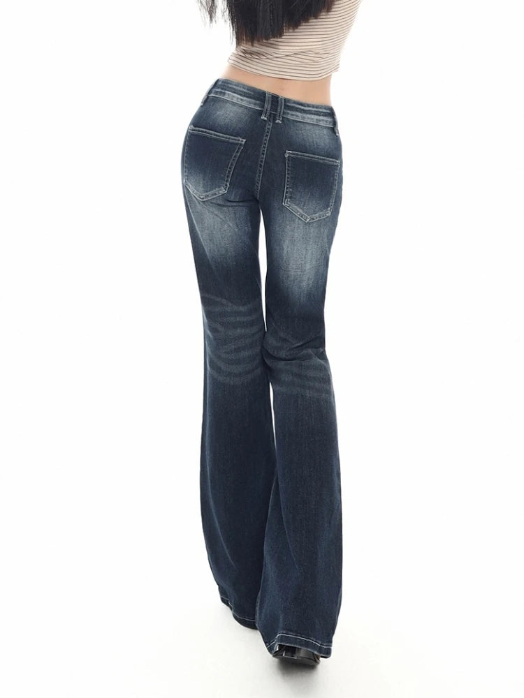 2026 New Ladies American Vintage Washed Micro Flare Denim Pants High Waist Slim Lazy Floor-Length Retro Street Long Jeans