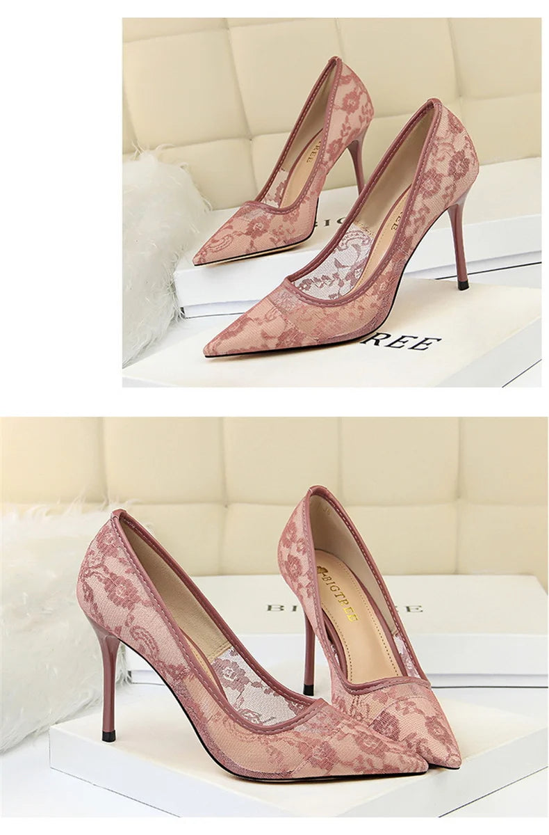 2024 Black Flower Lace Mesh Pumps Women Pointed Toe Shallow Fashion Party Single Shoes Show Thin High Heel Office Shoes