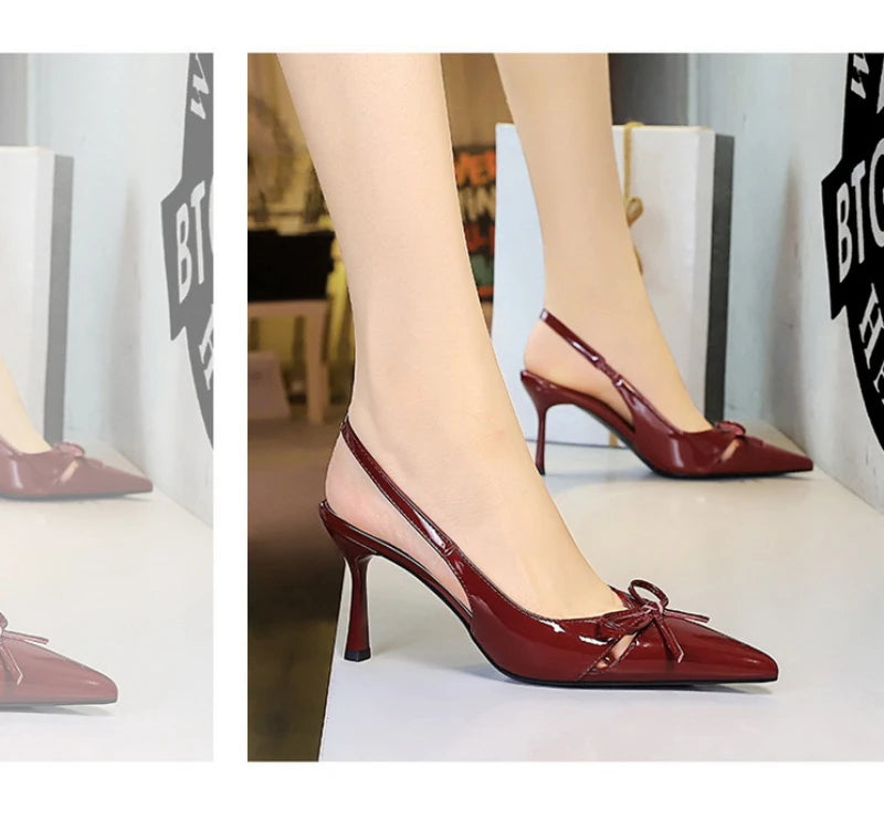 Korean Style Pointed Toe High Heels Shallow Mouth Hollow Bow Back Trip Strap Women's Shoes Thin Heels Back Empty Shoes Women