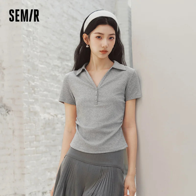 Semir Women Polo Shirt Short Length Ruched Slim Fit Standard Shoulder Cool Feeling 2026 Summer Temperament Versatile Fashion Top