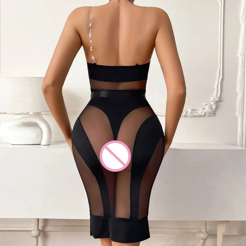 Elegant Hot Sexy Lingerie See Through Bodysuit Half Dress 2PC Set Seductive Splicing Party Queen Costume Erotic Underwear