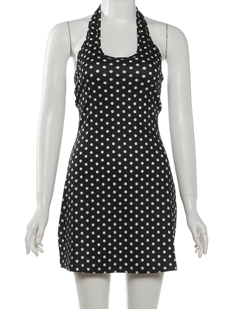 Nibber Low-Neck Sexy Backless Mini Dress Woman Summer Trend Polka Dot Print Halter Skinny Stretch Street Y2K Style Mini Bodycon
