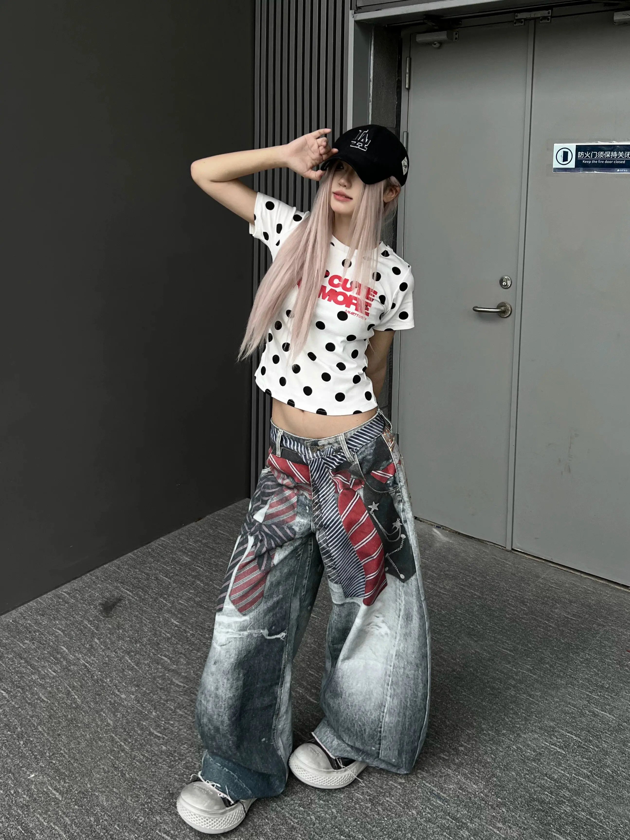 Women American Vintage Print Tie Machete Pattern Jeans Loose Wide Leg Street Hot Girl Design All Match Denim Long Trousers