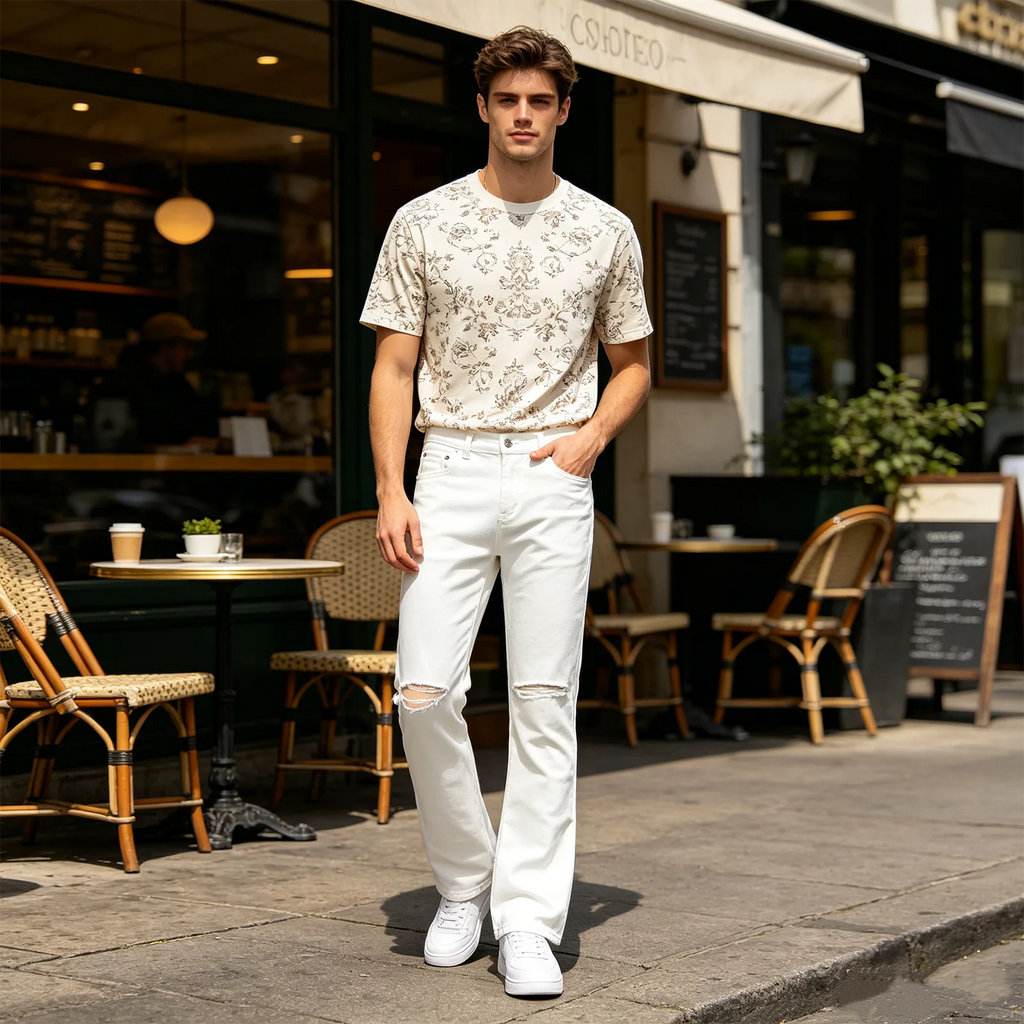 Urban Street Mens Slim Fit Flared Jeans White Black Distressed Jeans Overall Y2k Solid Color Washing Skinny Jeans Men Ripped