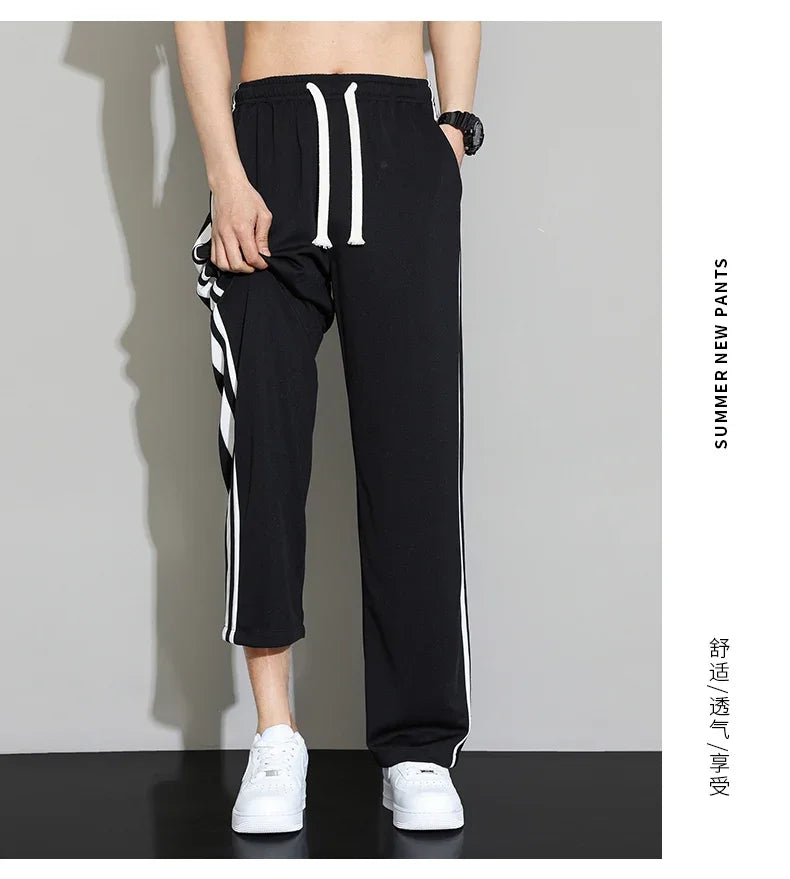 Summer New Men Sweatpants Joggers Straight Pants Neutral Breathable Loose Outdoor Quick Drying Fabric Striped Casual Trouser