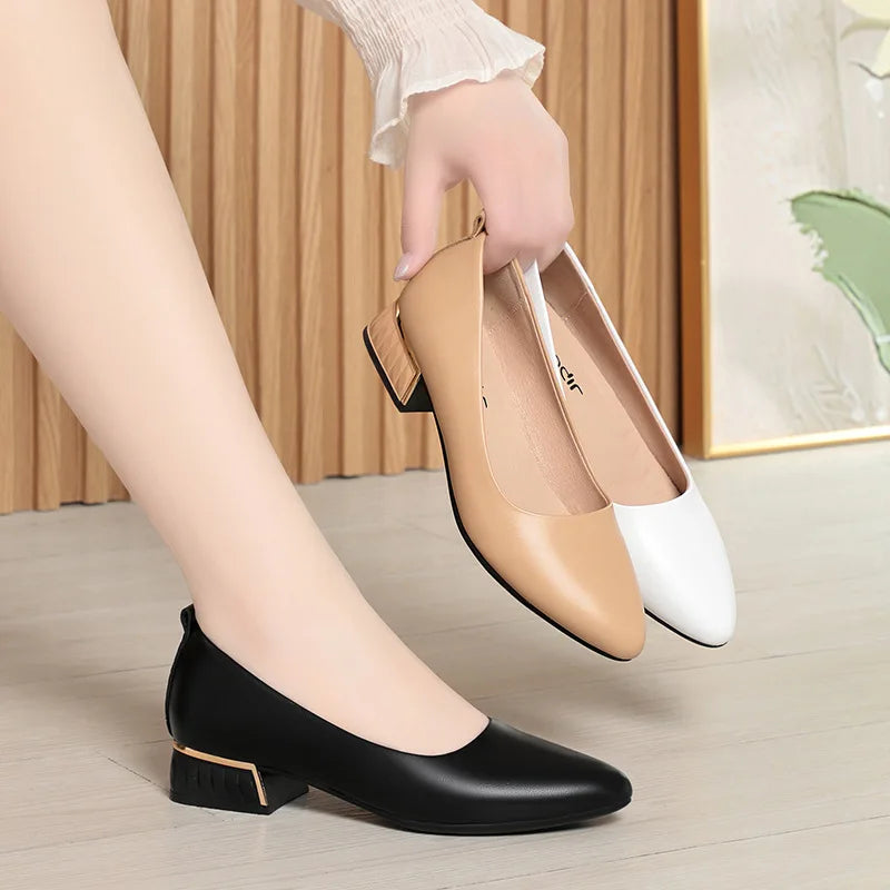 2026 Summer Women's Soft Leather Chunky Heel Pumps  Pointed Toe Low Heel Office Shoes White Work Dress Shoes Size 35-41